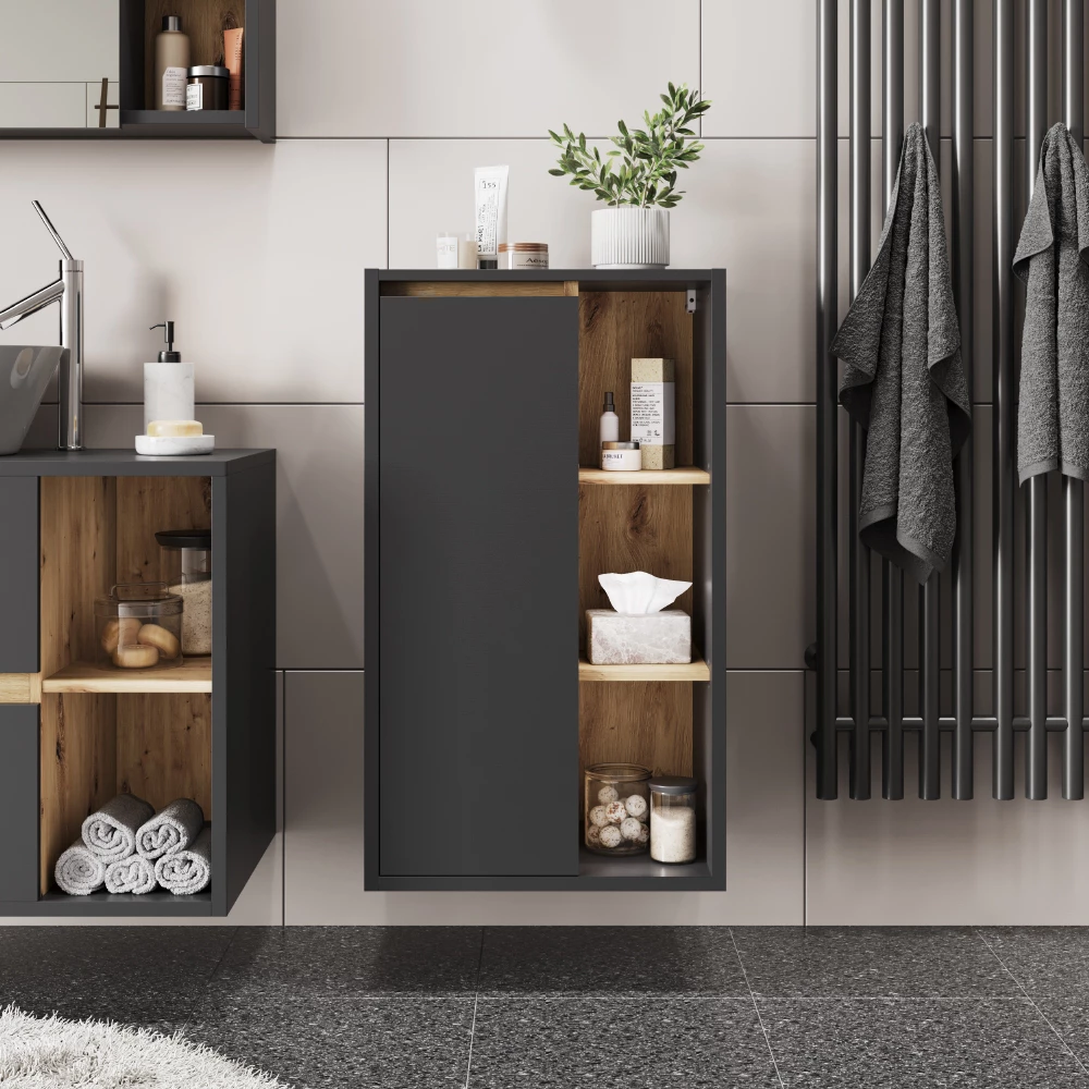 Midischrank in Grau/Artisan, dargestellt im Ambiente mit Dekoration