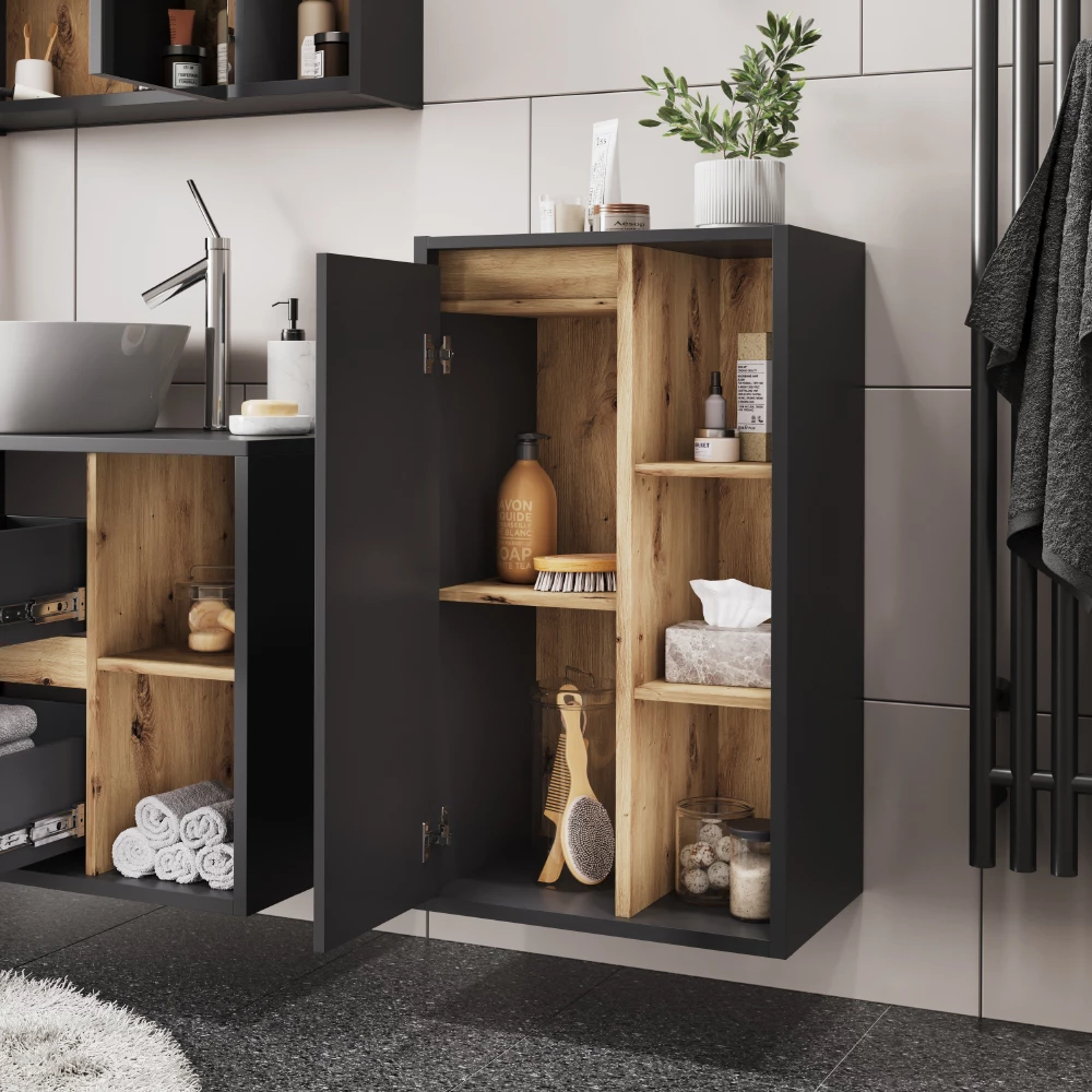Nahaufnahme von Midischrank in Grau/Artisan, zeigt Design- und Oberflächendetails