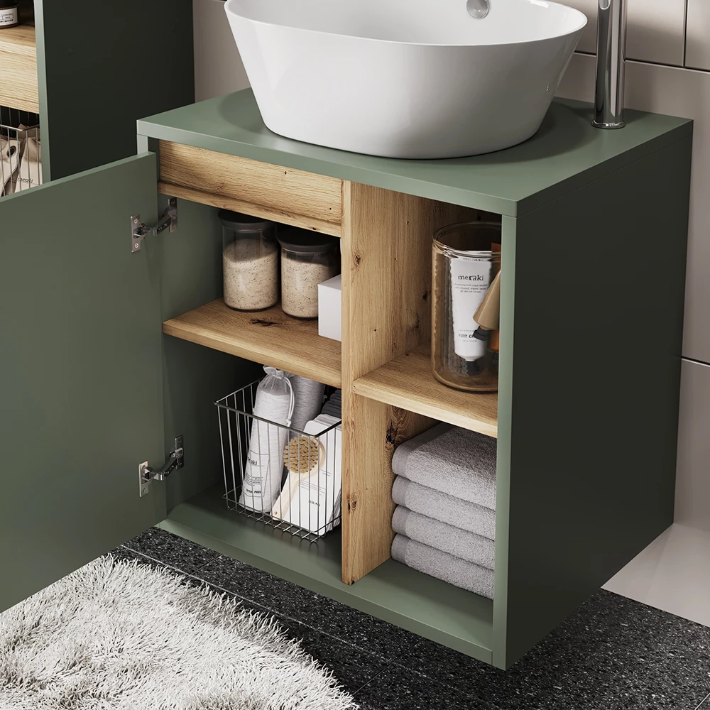 Gros plan de Meuble sous lavabo en Vert/Artisan, montrant la texture/les détails