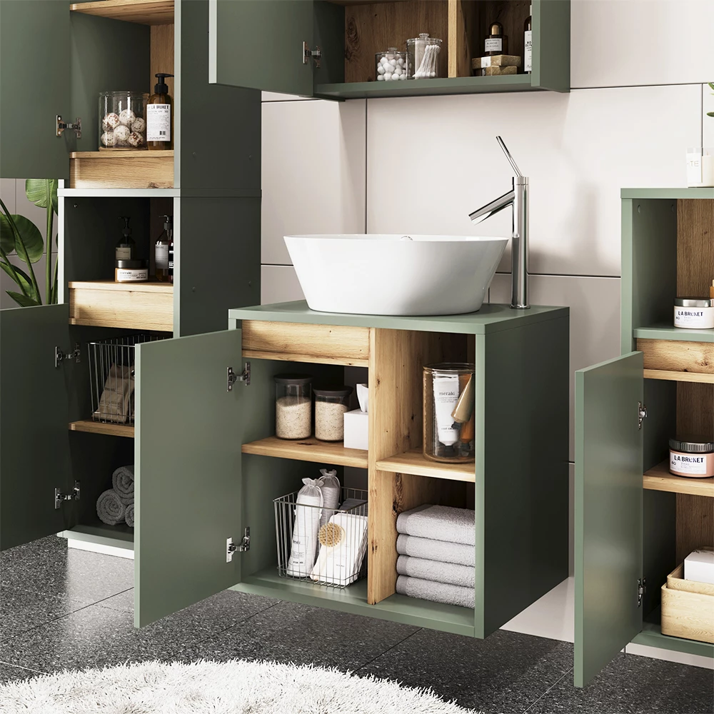 Gros plan de Meuble sous lavabo en Vert/Artisan, montrant le design et les détails de surface