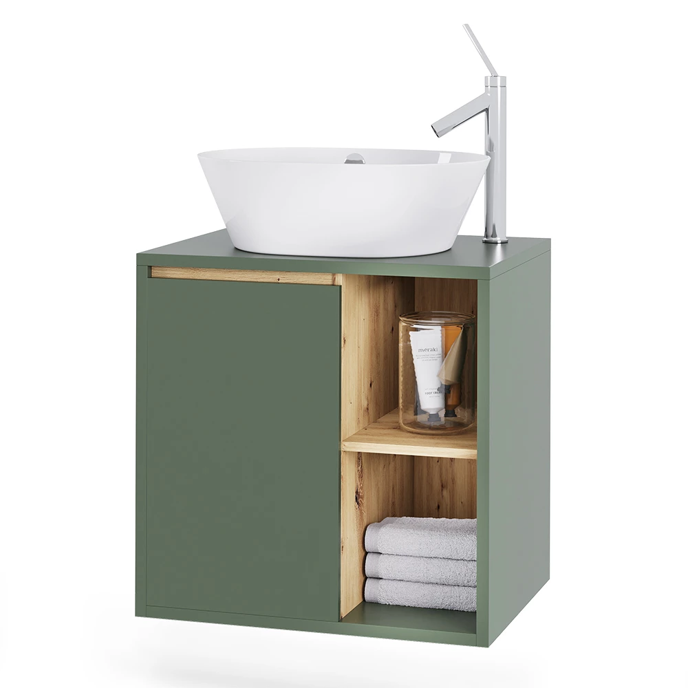 Meuble sous lavabo en Vert/Artisan sur fond blanc avec des éléments décoratifs