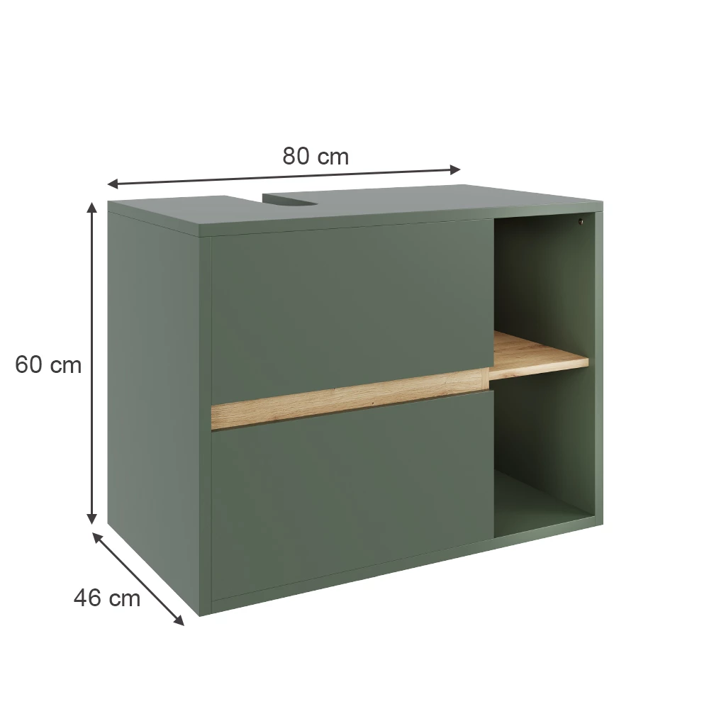 Waschbeckenunterschrank in Grün/Artisan auf weißem Hintergrund mit sichtbaren Maßen