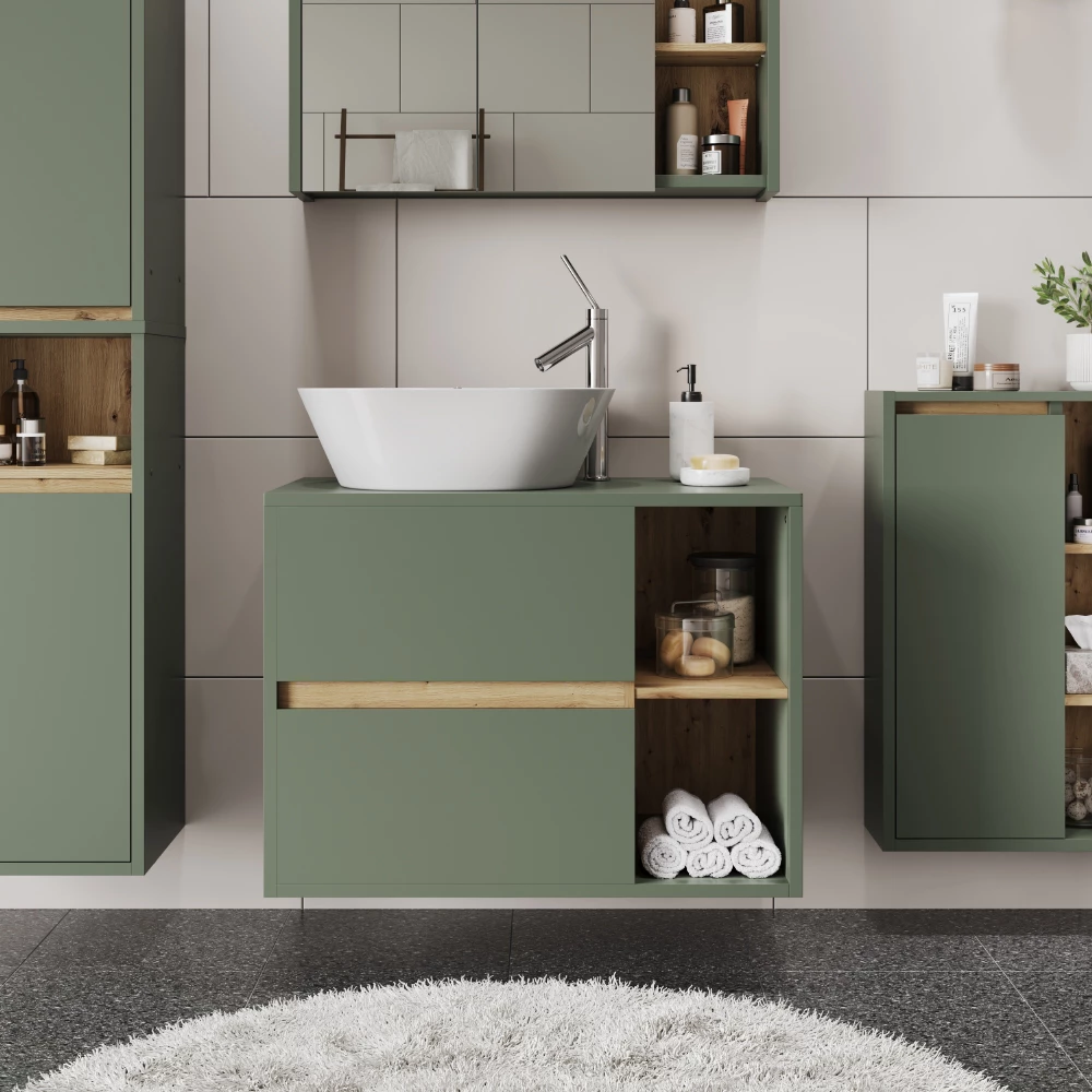 Waschbeckenunterschrank in Grün/Artisan, dargestellt im Ambiente mit Dekoration
