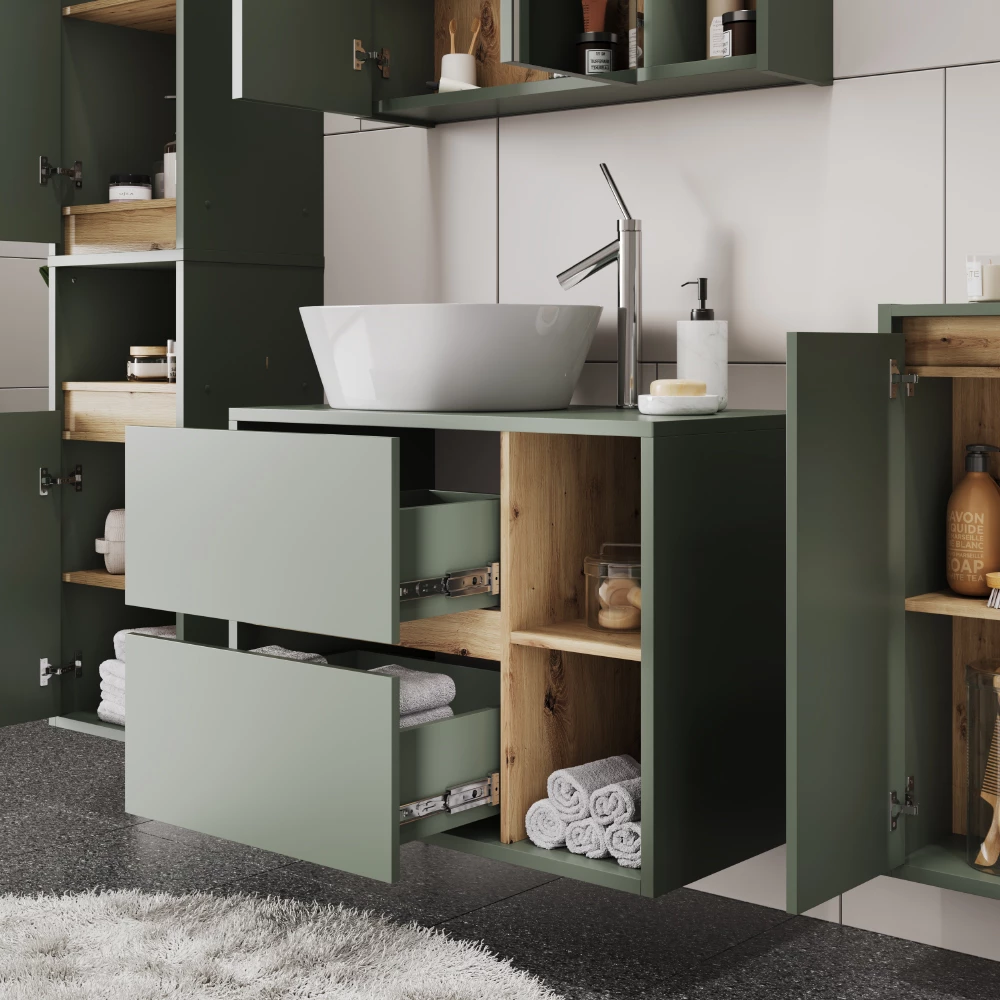 Nahaufnahme von Waschbeckenunterschrank in Grün/Artisan, zeigt Design- und Oberflächendetails