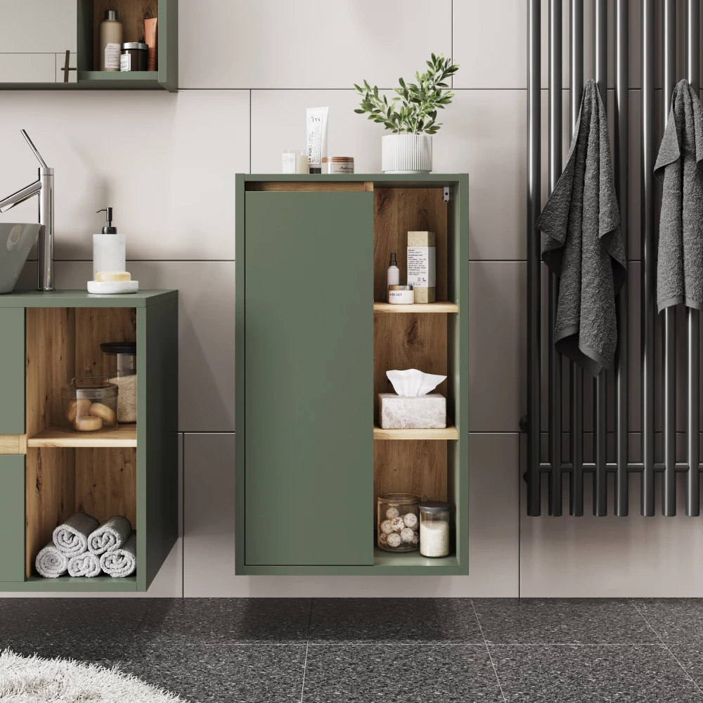 Midischrank in Grün/Artisan, dargestellt im Ambiente mit Dekoration