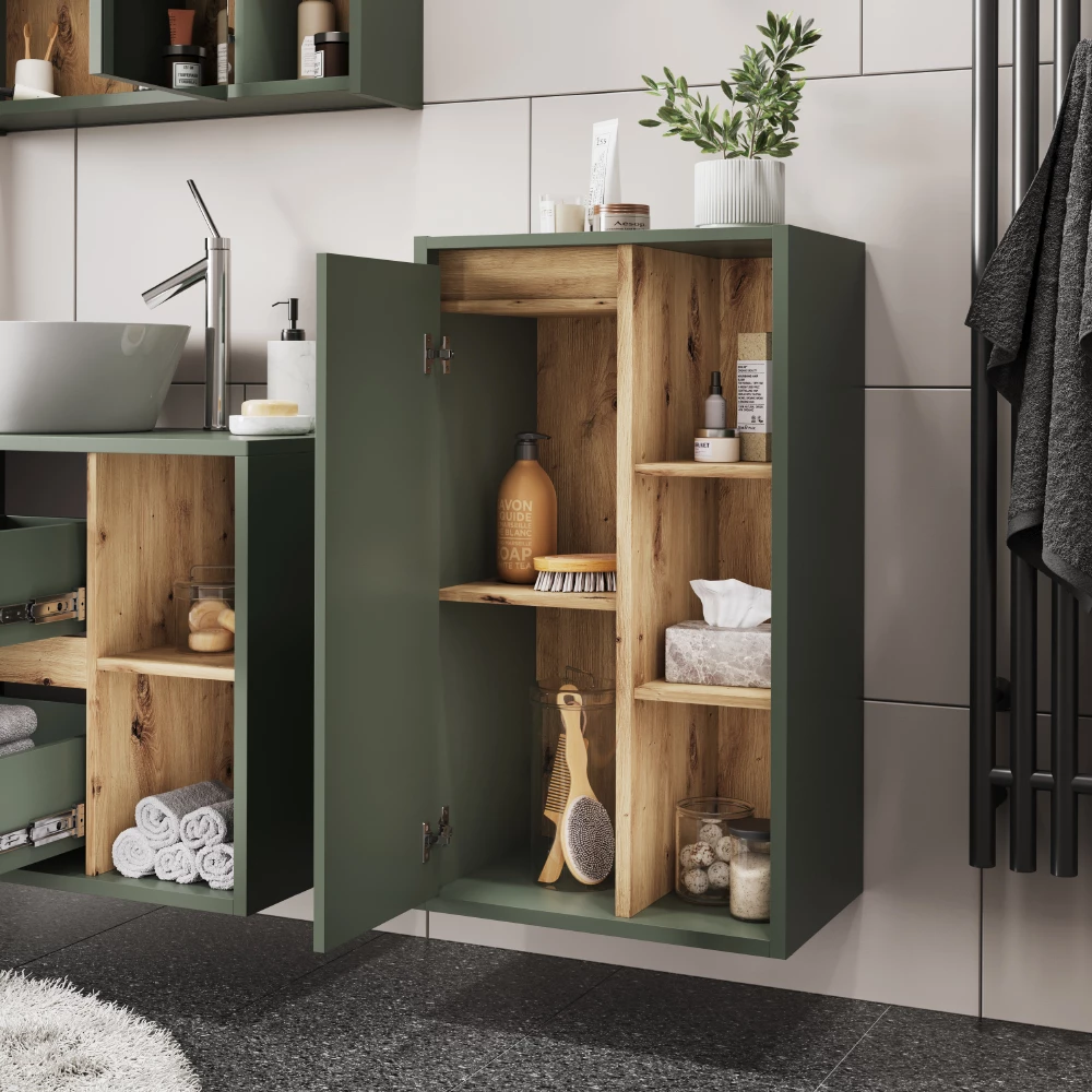 Nahaufnahme von Midischrank in Grün/Artisan, zeigt Design- und Oberflächendetails