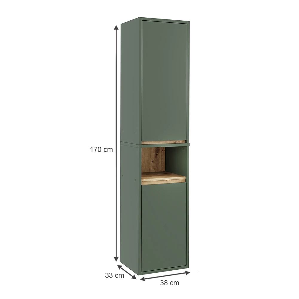 Hoge kast in Groen/Kunstzinnig op een witte achtergrond met zichtbare afmetingen