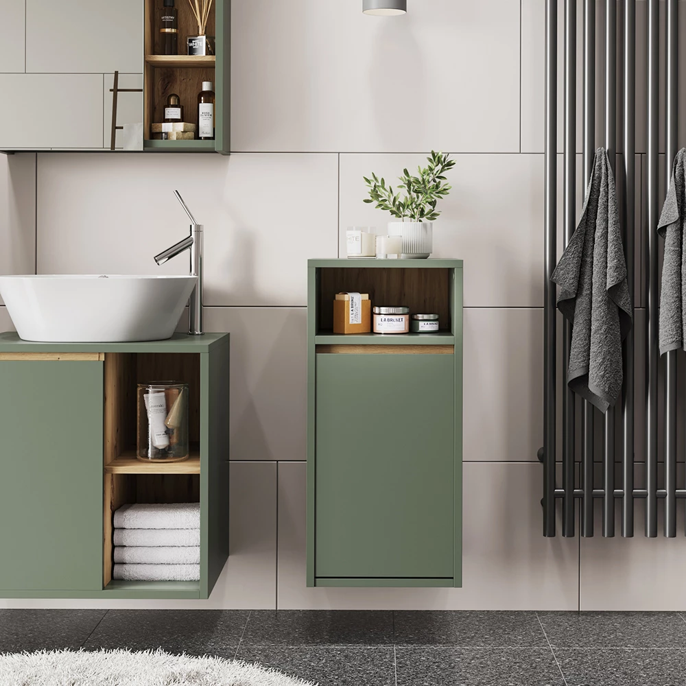 Armoire de salle de bain en Vert/Artisan, présenté dans un décor ambiant avec décoration