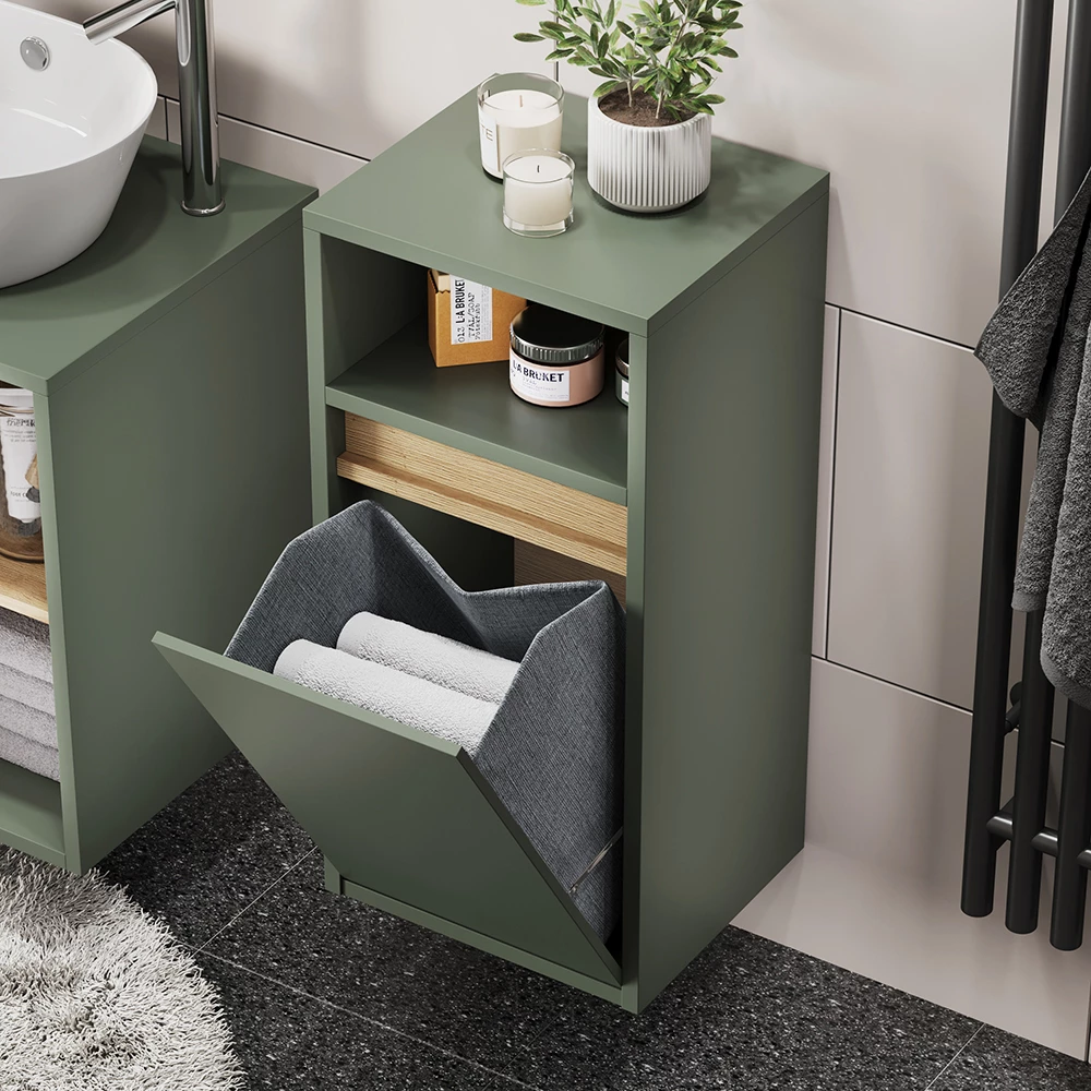 Gros plan de Armoire de salle de bain en Vert/Artisan, montrant la texture/les détails