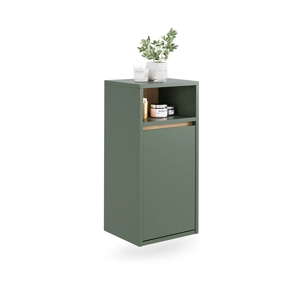 Armoire de salle de bain en Vert/Artisan sur fond blanc avec des éléments décoratifs