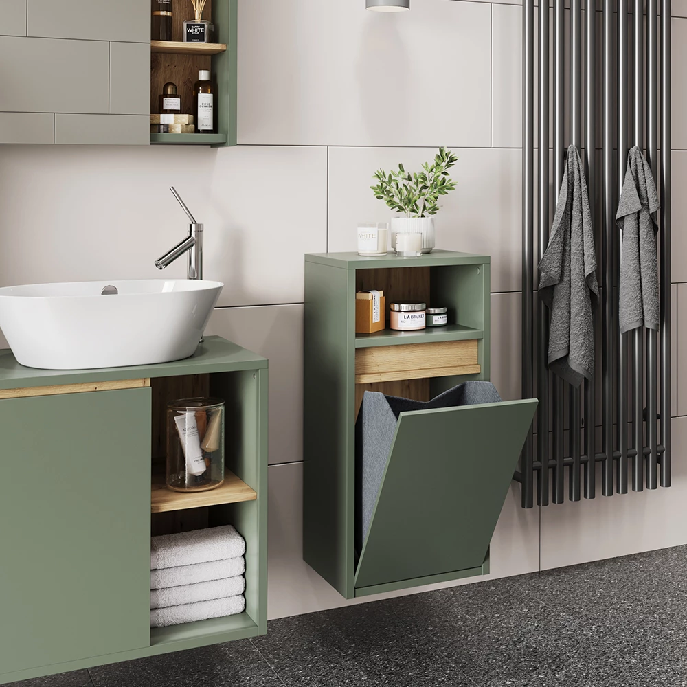 Gros plan de Armoire de salle de bain en Vert/Artisan, montrant le design et les détails de surface