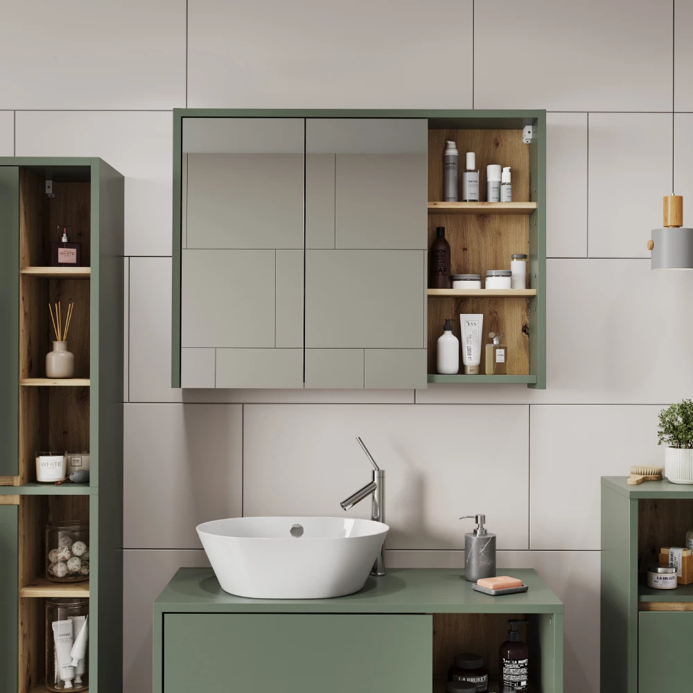 Badspiegelschrank in Grün/Artisan, dargestellt im Ambiente mit Dekoration