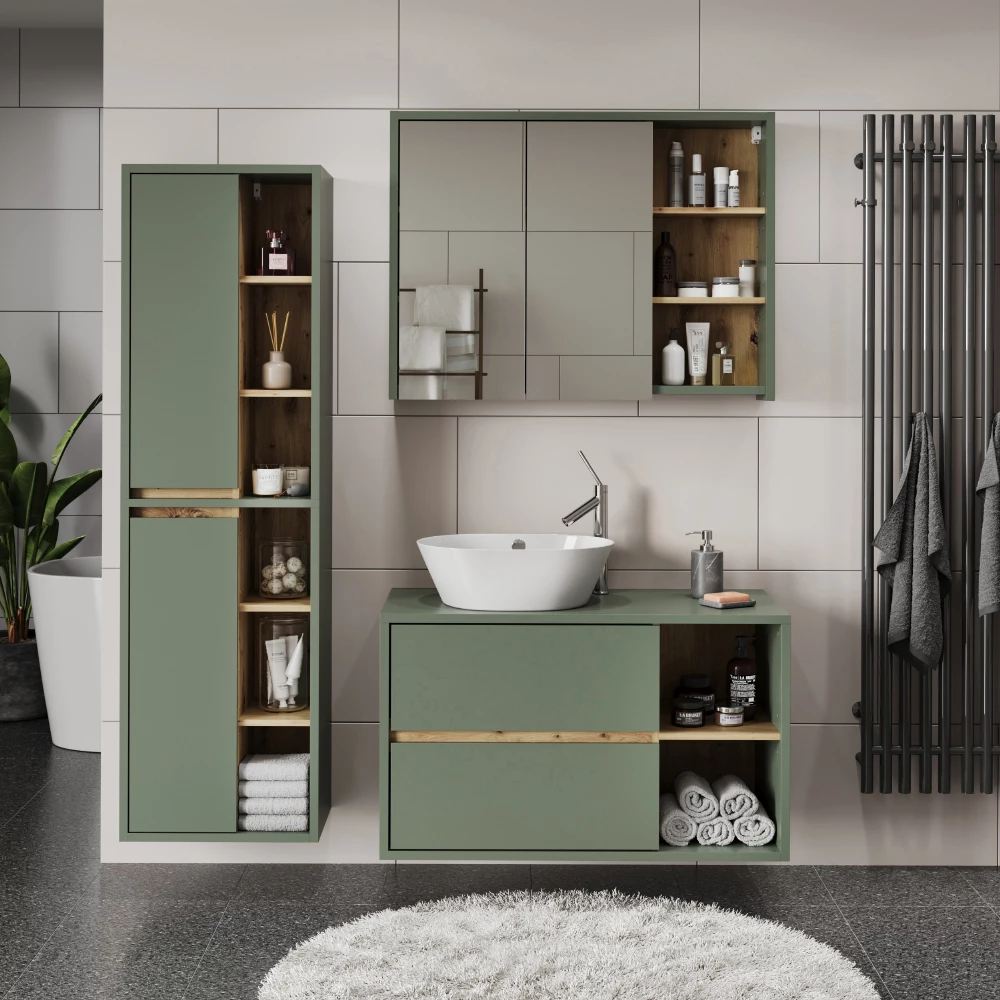 Badmöbel-Set in Grün/Artisan, dargestellt im Ambiente mit Dekoration