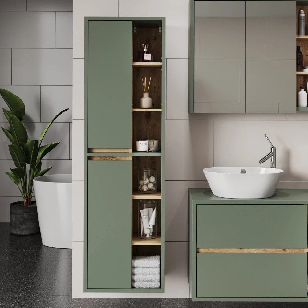 Mobile alto in Verde/antracite, mostrato in un ambiente ambientale con decorazioni