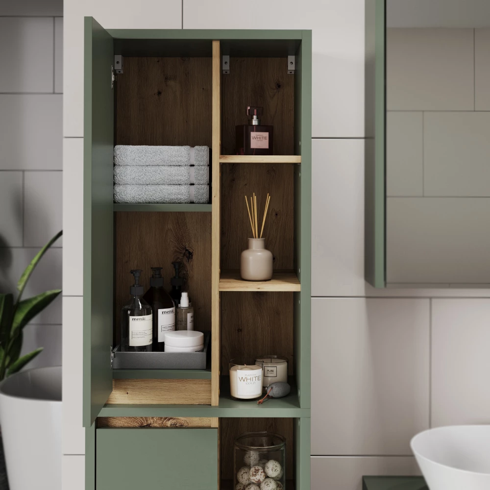 Primo piano di Set di mobili da bagno in Verde/Artigianale, mostrando texture/dettagli