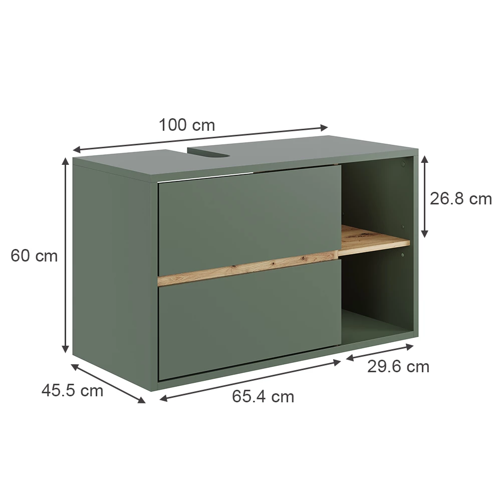 Waschbeckenunterschrank in Grün/Artisan auf weißem Hintergrund mit sichtbaren Maßen