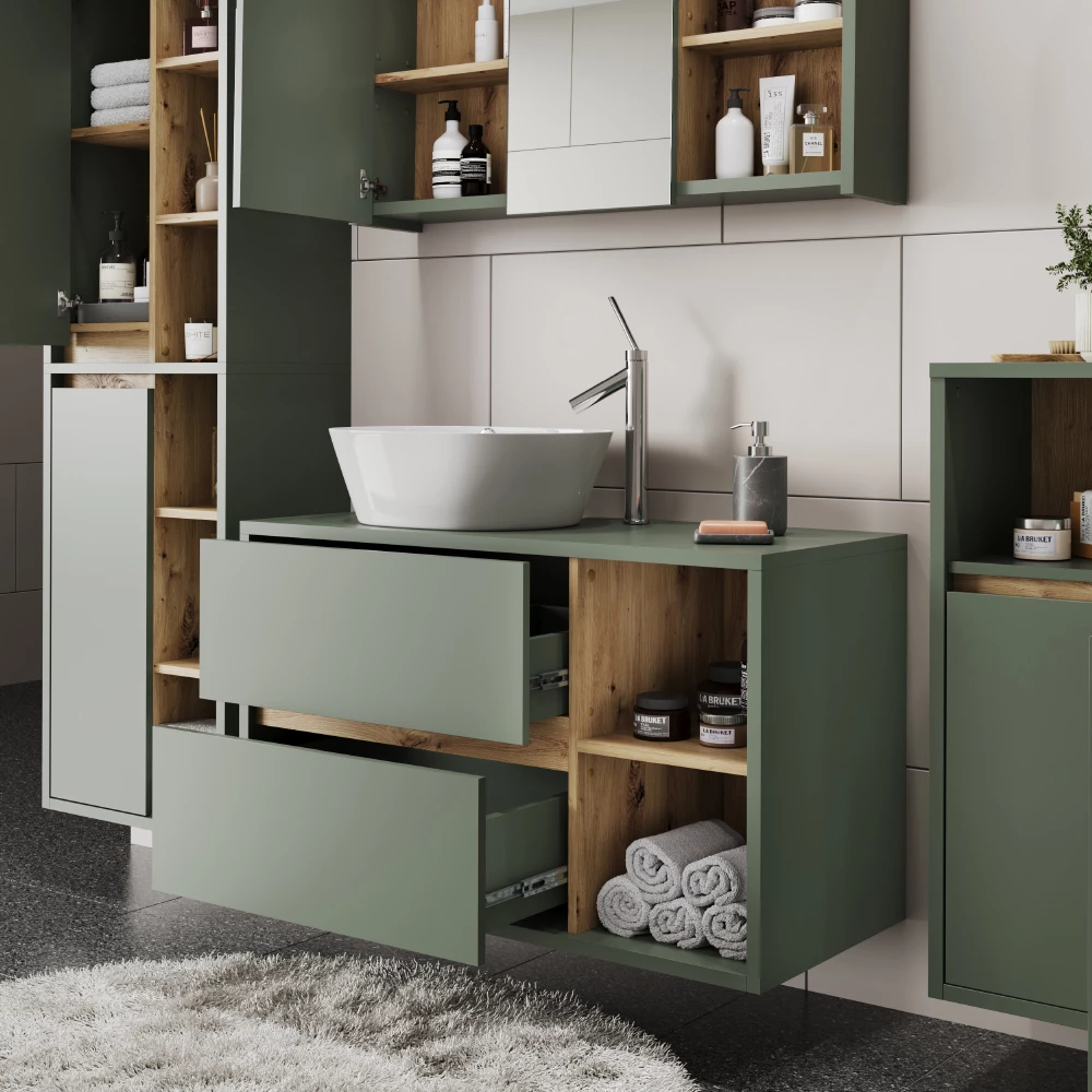 Nahaufnahme von Waschbeckenunterschrank in Grün/Artisan, zeigt Design- und Oberflächendetails