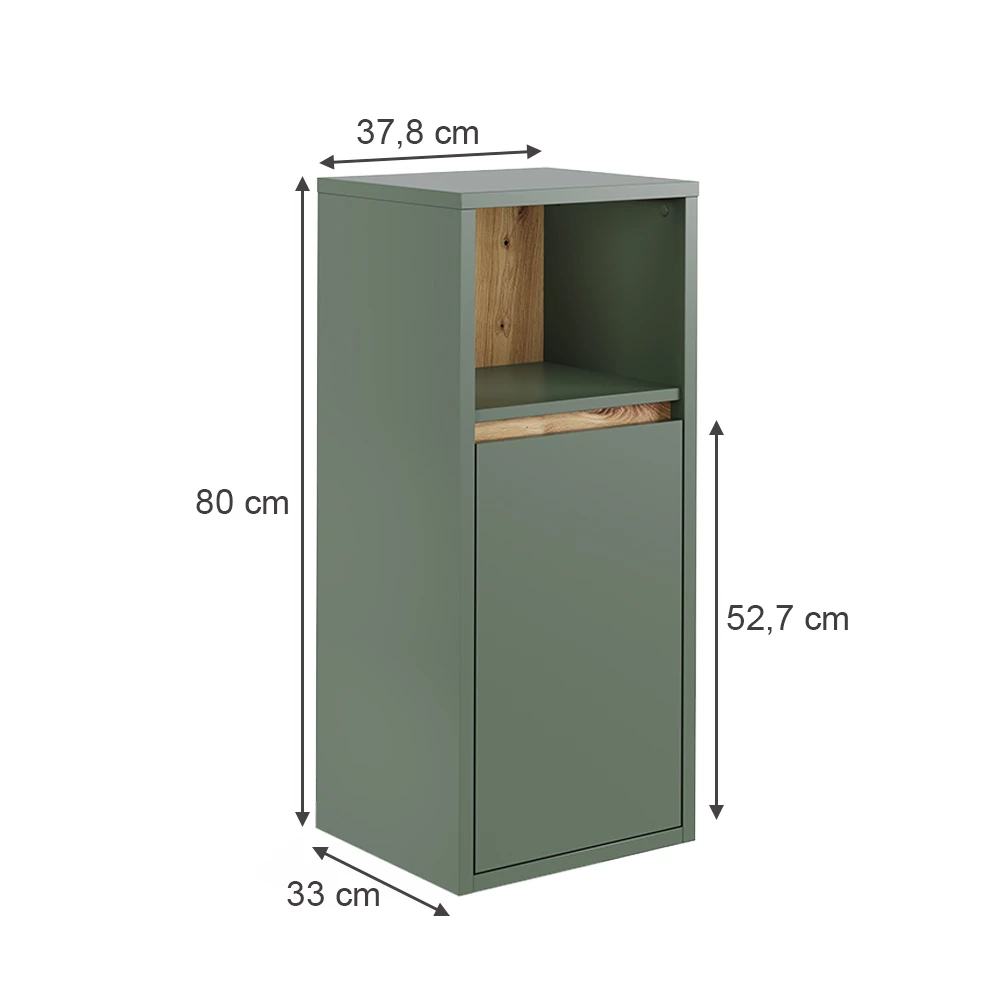 Midischrank in Grün/Artisan auf weißem Hintergrund mit sichtbaren Maßen