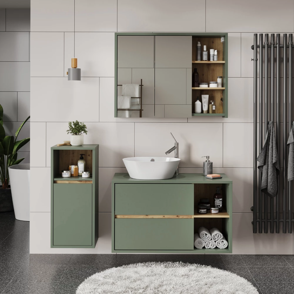 Badmöbel-Set in Grün/Artisan, dargestellt im Ambiente mit Dekoration