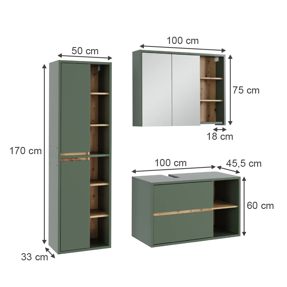 Badmöbel-Set in Grün/Artisan auf weißem Hintergrund mit sichtbaren Maßen