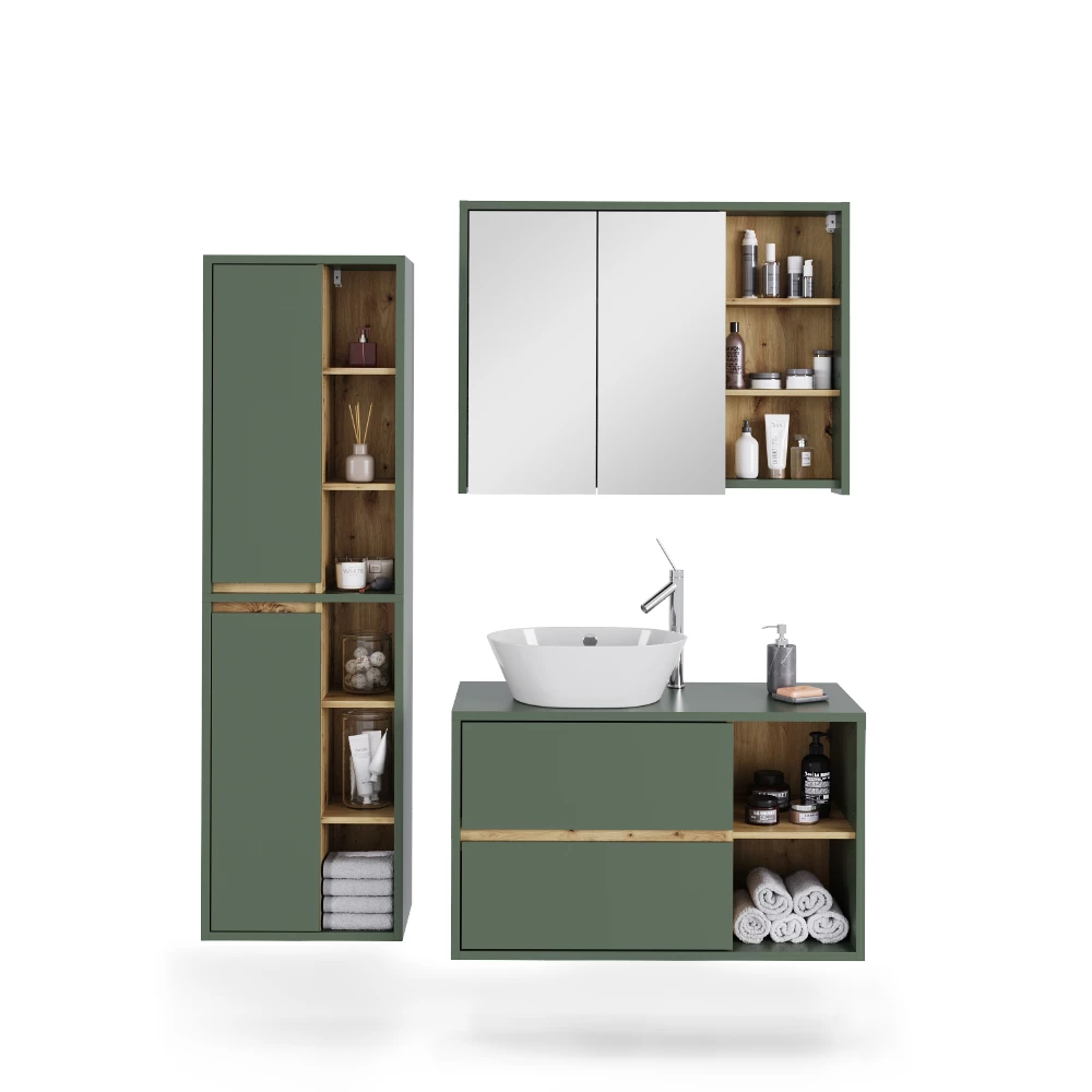 Badmöbel-Set in Grün/Artisan auf weißem Hintergrund mit dekorativen Elementen