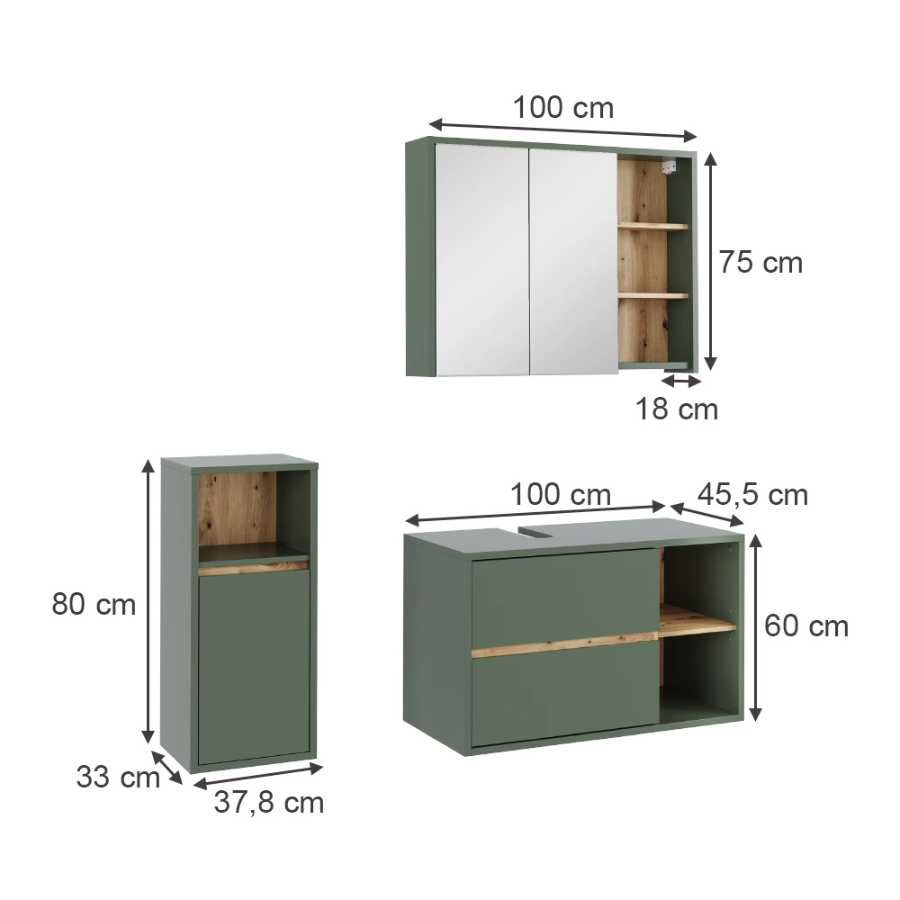 Badmöbel-Set in Grün/Artisan auf weißem Hintergrund mit sichtbaren Maßen