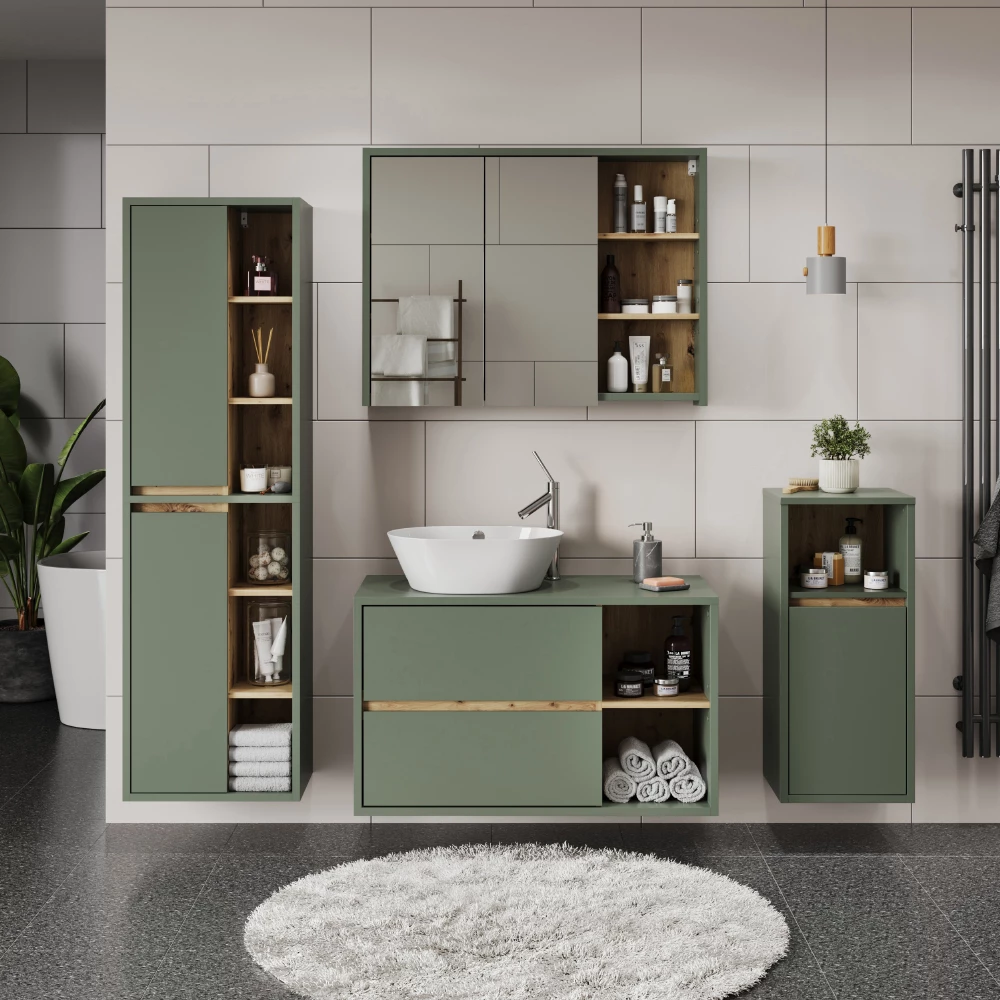 Set di mobili da bagno in Verde/Artigianale, mostrato in un ambiente ambientale con decorazioni