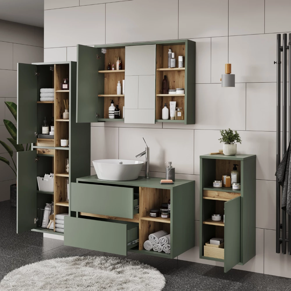 Primo piano di Set di mobili da bagno in Verde/Artigianale, mostrando design e dettagli della superficie
