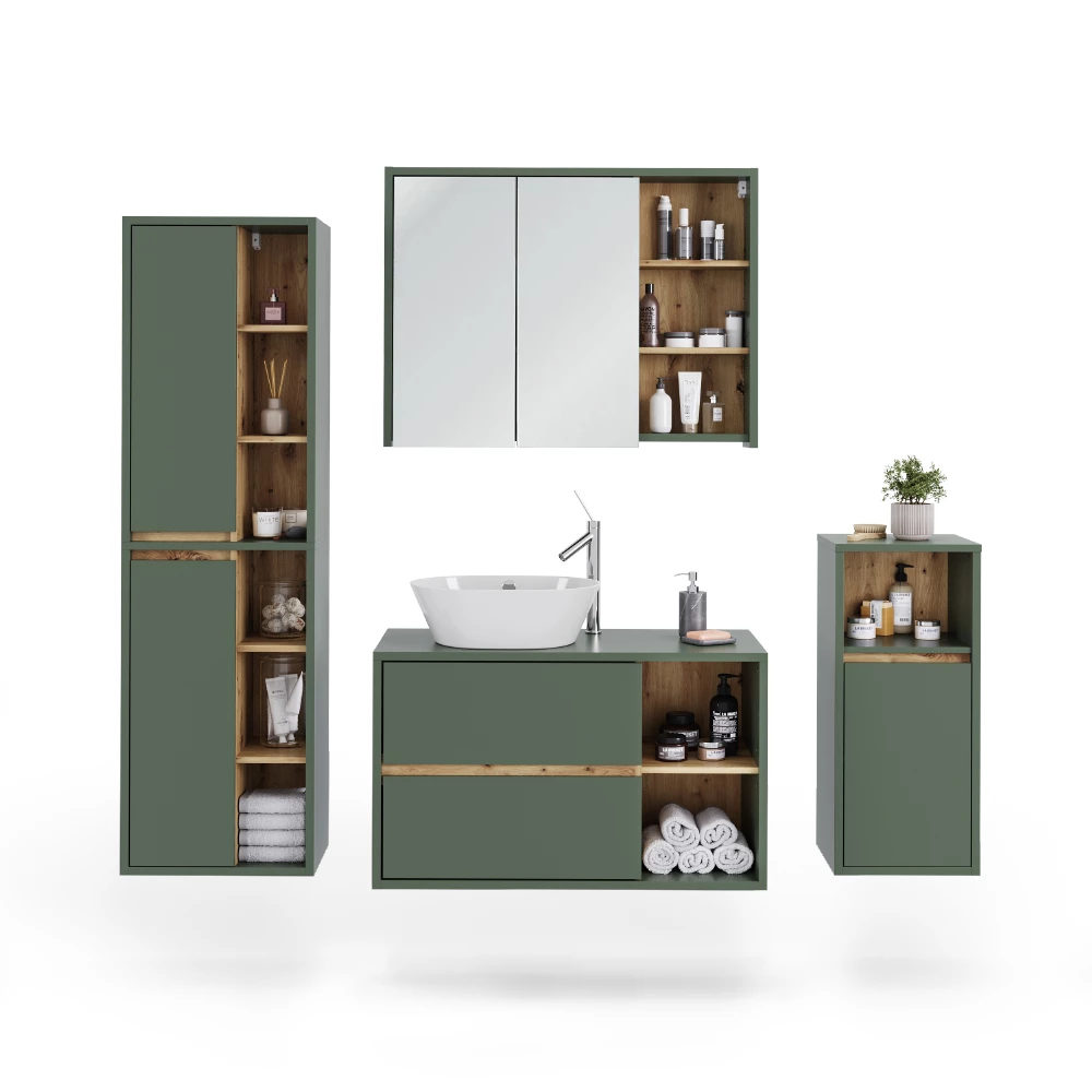 Set di mobili da bagno in Verde/Artigianale su sfondo bianco con elementi decorativi