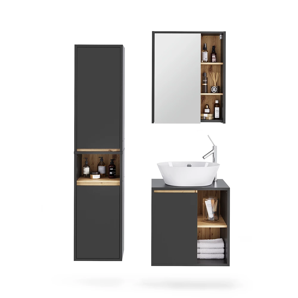 Badkamermeubelset in Grijs/Kunstnijverheid op een witte achtergrond met decoratieve elementen