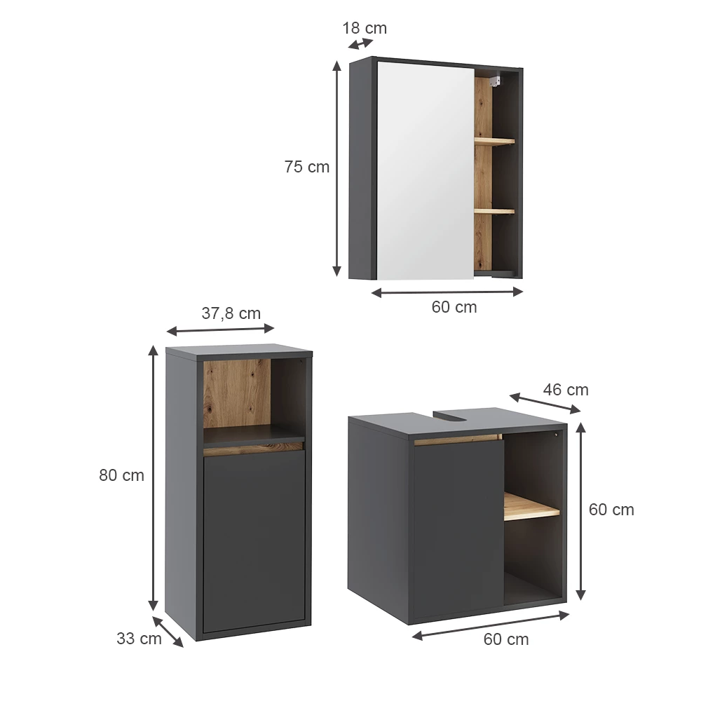 Badmöbel-Set in Grau/Artisan auf weißem Hintergrund mit sichtbaren Maßen