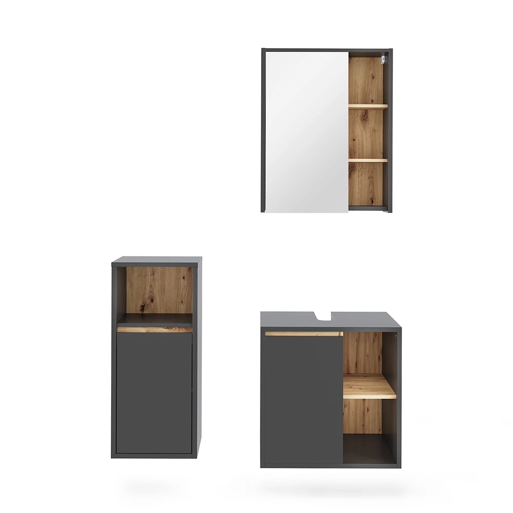 Badmöbel-Set in Grau/Artisan auf weißem Hintergrund