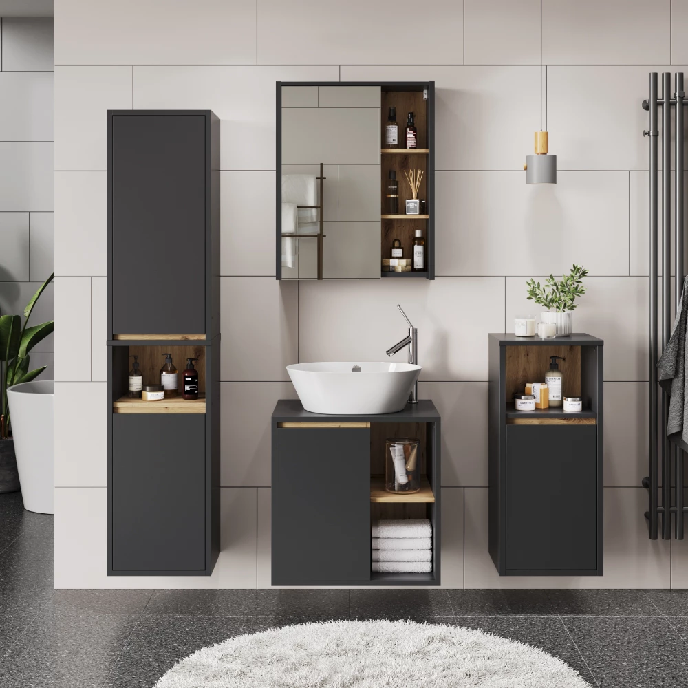 Badmöbel-Set in Grau/Artisan, dargestellt im Ambiente mit Dekoration