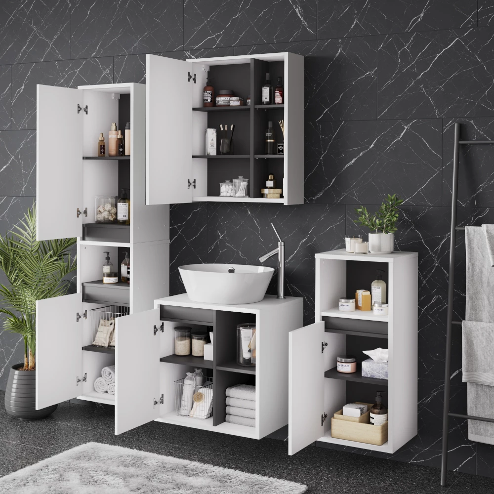 Nahaufnahme von Badmöbel-Set in Weiß/Grau, zeigt Design- und Oberflächendetails