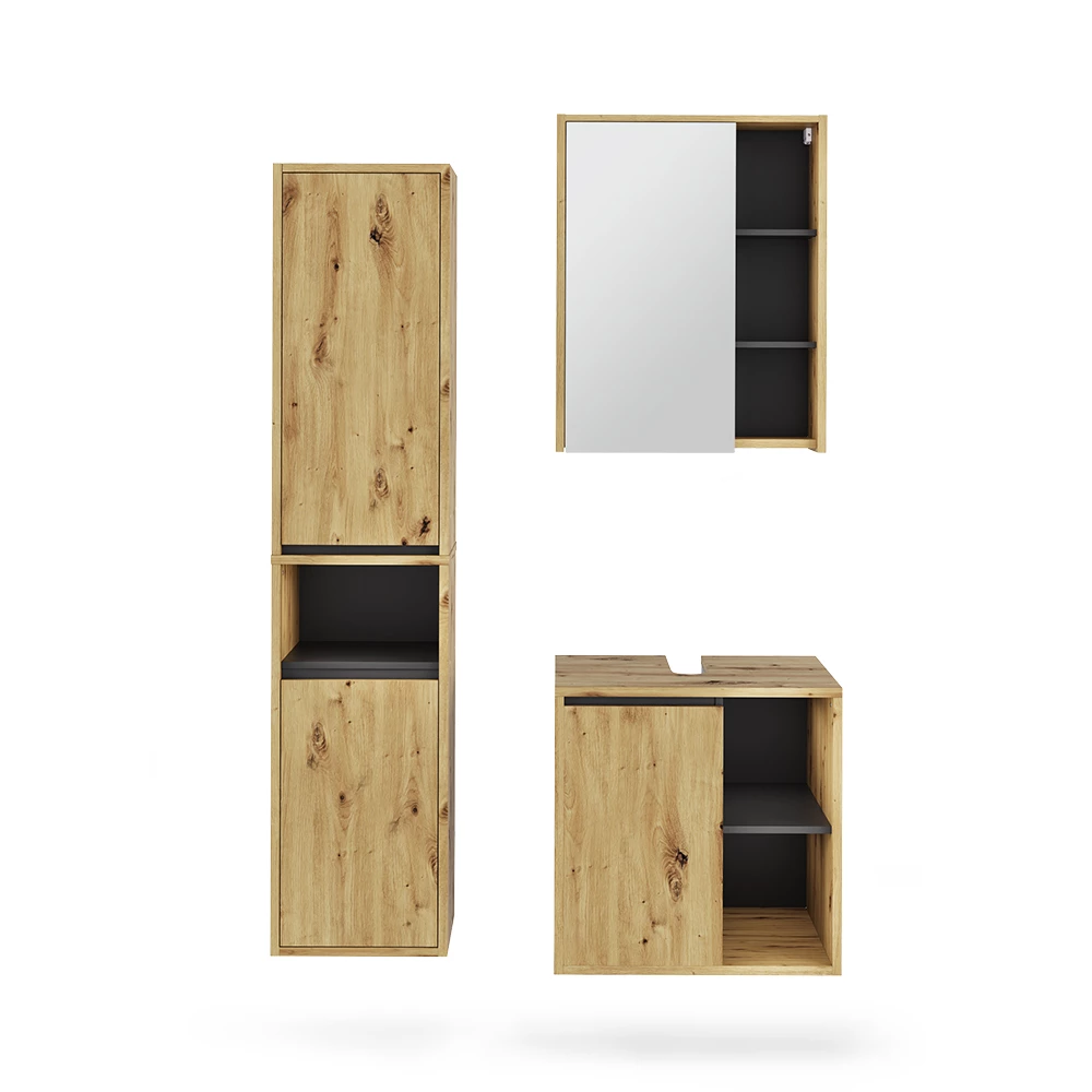 Badmöbel-Set in Artisan/Grau auf weißem Hintergrund