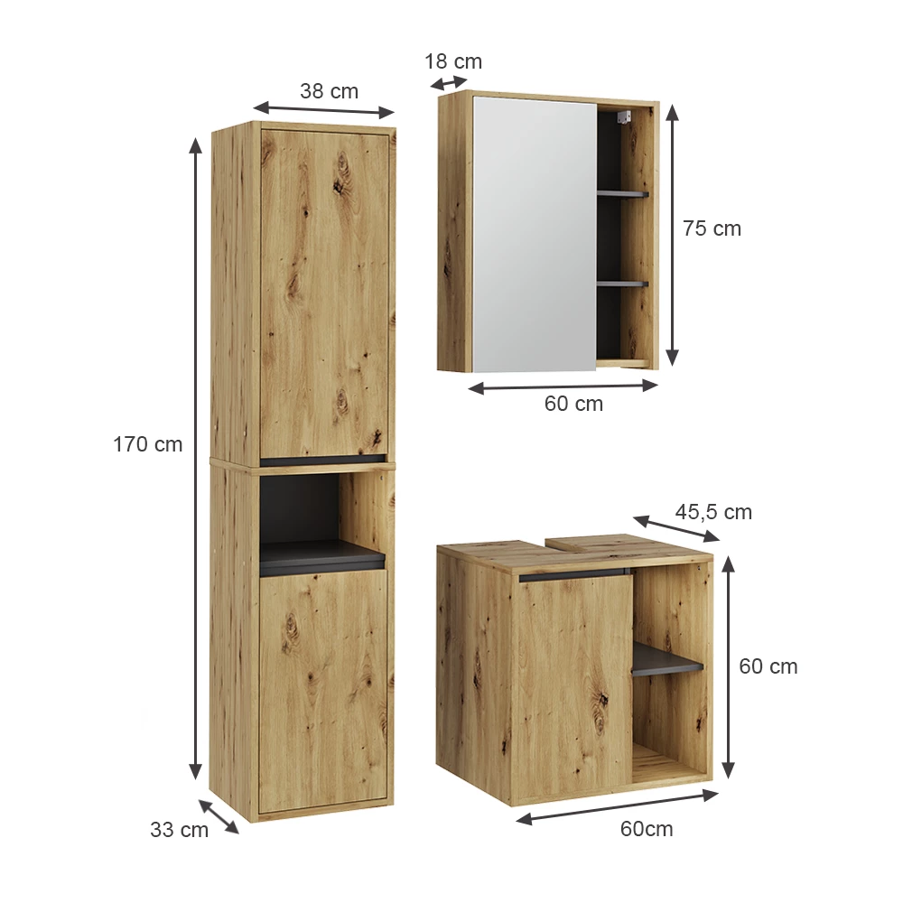 Badmöbel-Set in Artisan/Grau auf weißem Hintergrund mit sichtbaren Maßen