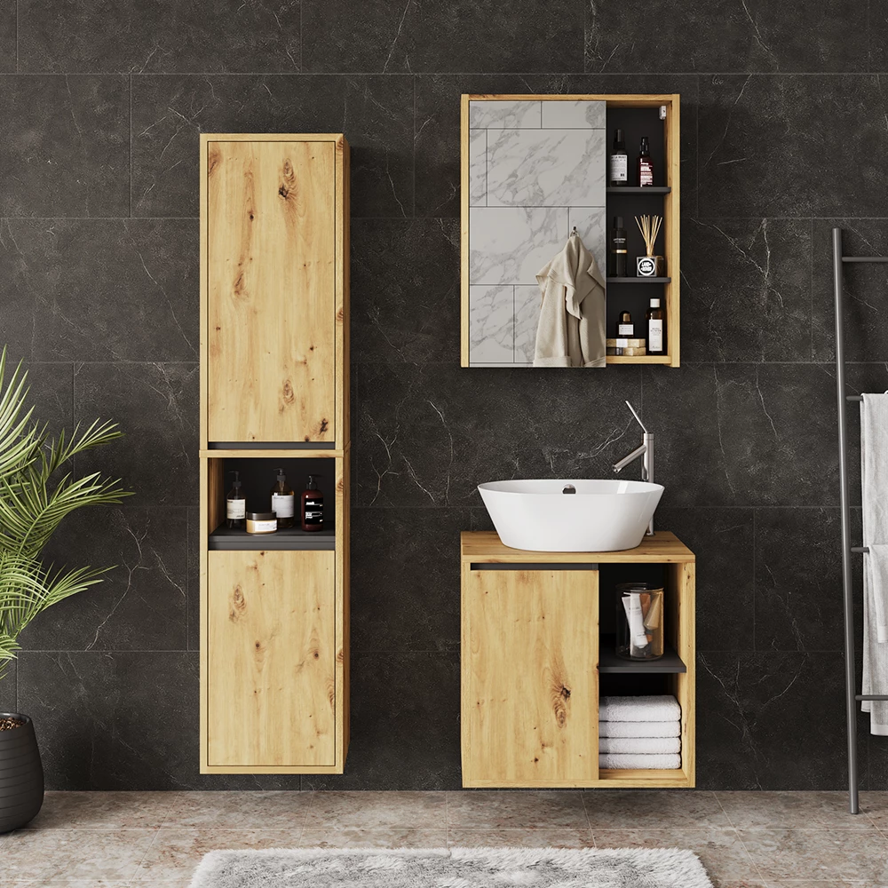 Badmöbel-Set in Artisan/Grau, dargestellt im Ambiente mit Dekoration