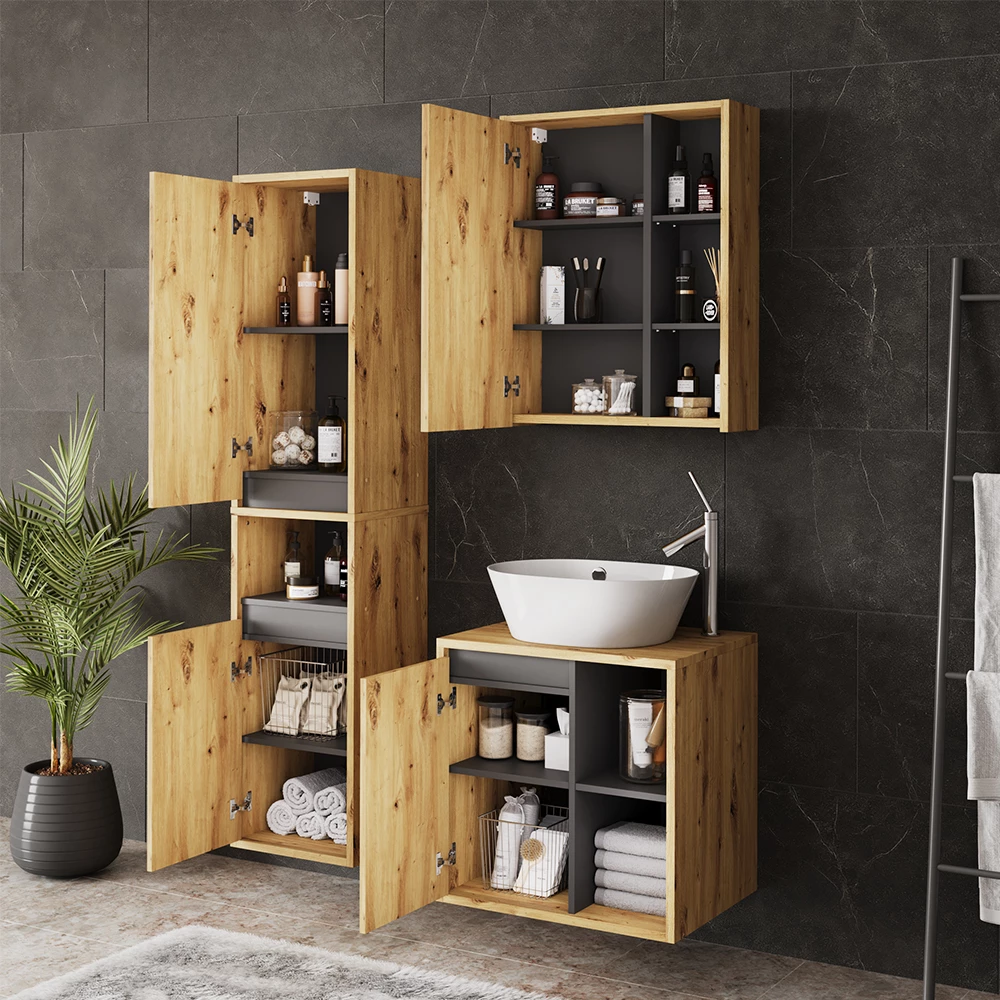 Nahaufnahme von Badmöbel-Set in Artisan/Grau, zeigt Design- und Oberflächendetails