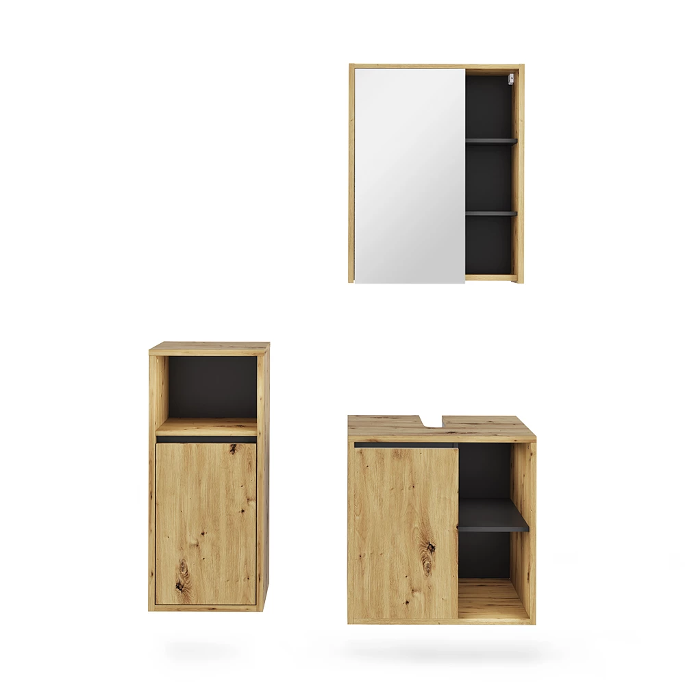 Badmöbel-Set in Artisan/Grau auf weißem Hintergrund