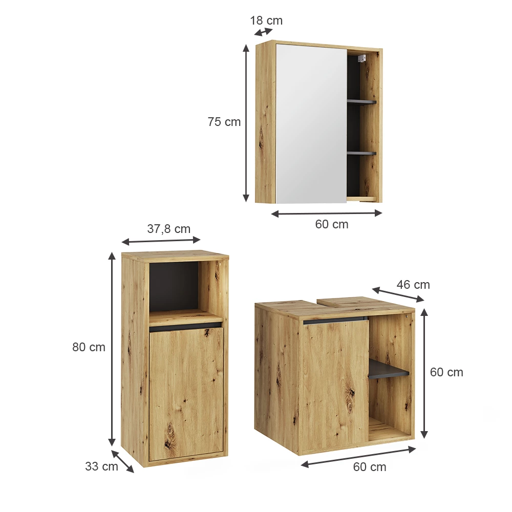 Badmöbel-Set in Artisan/Grau auf weißem Hintergrund mit sichtbaren Maßen