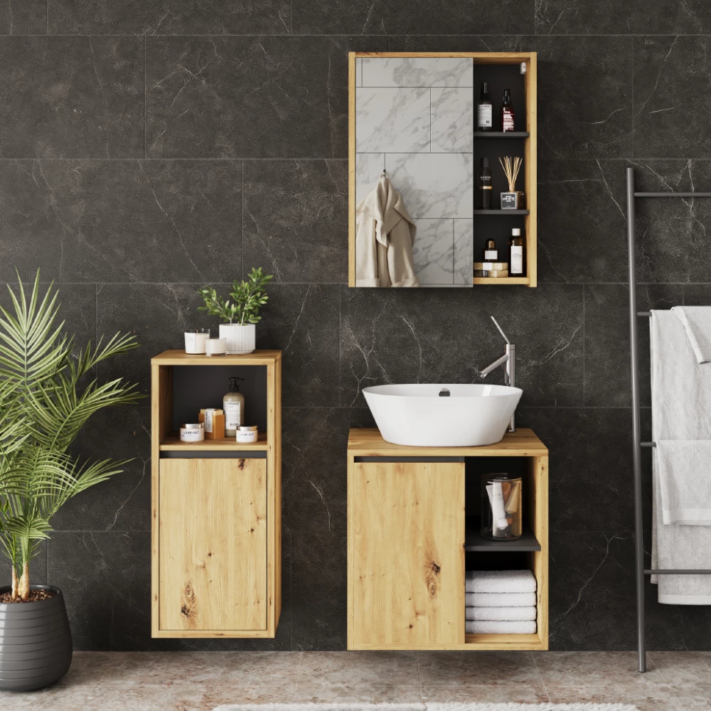 Badmöbel-Set in Artisan/Grau, dargestellt im Ambiente mit Dekoration