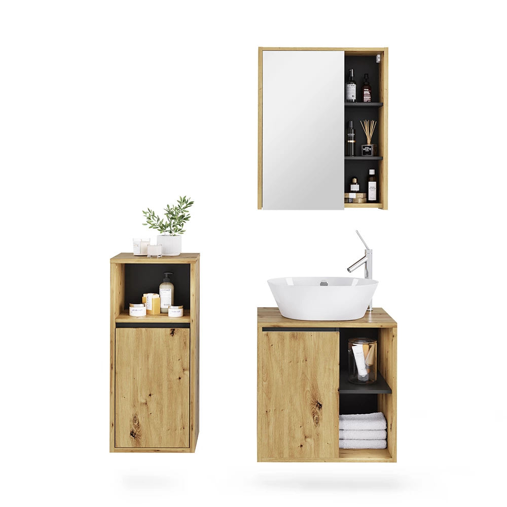 Badmöbel-Set in Artisan/Grau auf weißem Hintergrund mit dekorativen Elementen