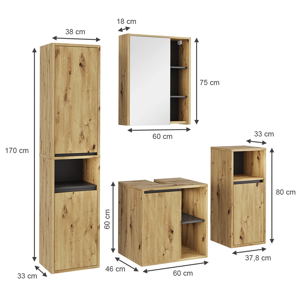 Vicco Badmöbel-Set "Viola", Artisan/Grau, 4 Teile