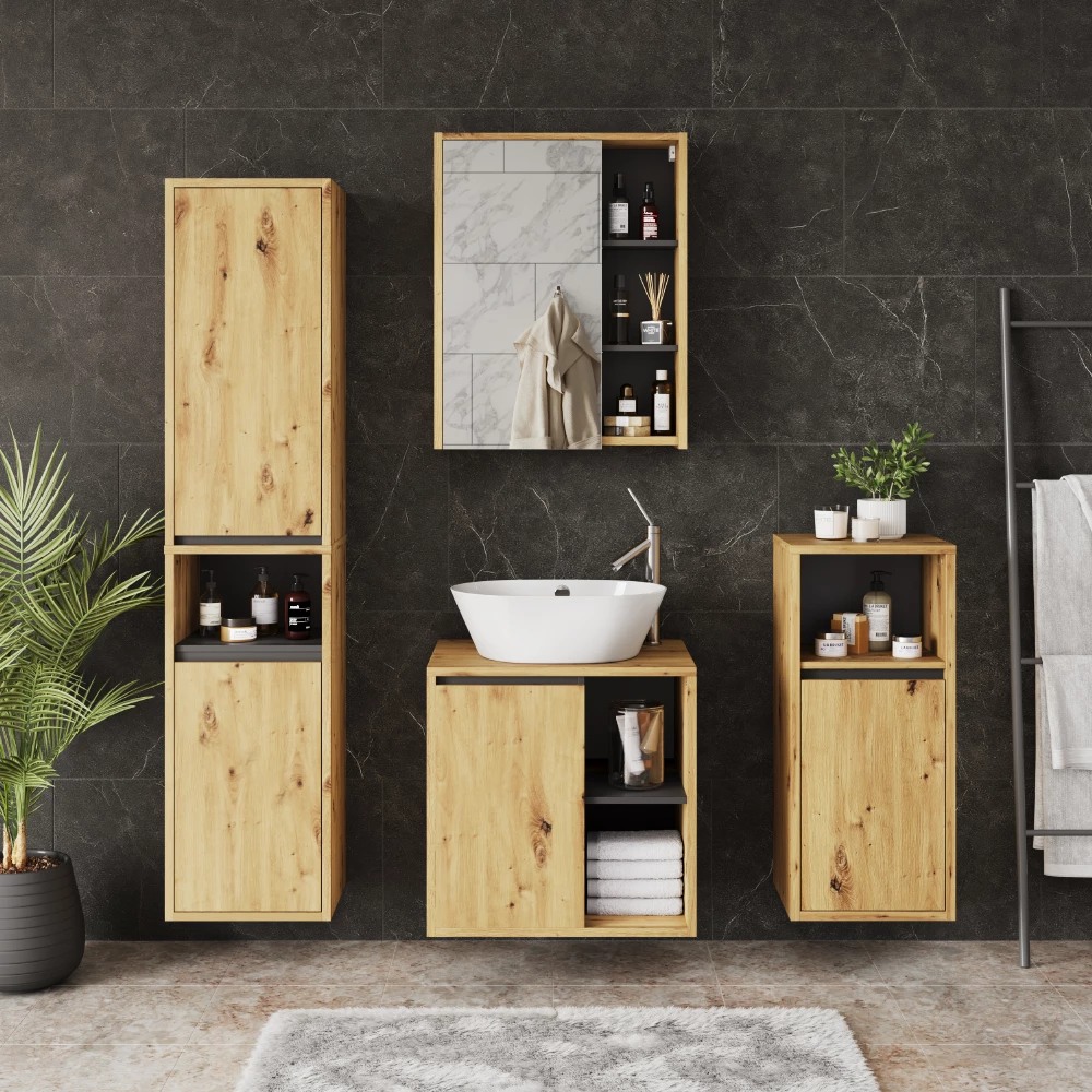 Ensemble de meubles de salle de bains en Artisan/gris, présenté dans un décor ambiant avec décoration
