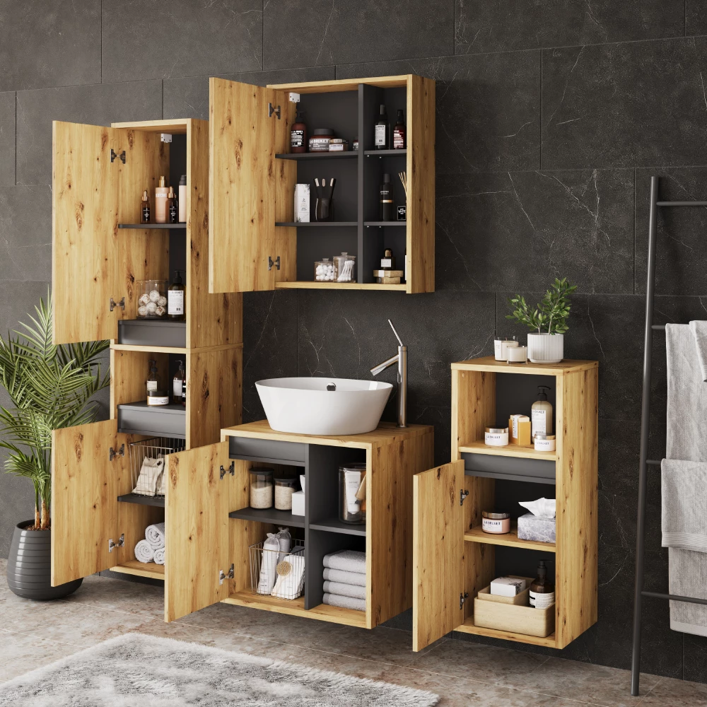 Gros plan de Ensemble de meubles de salle de bains en Artisan/gris, montrant le design et les détails de surface