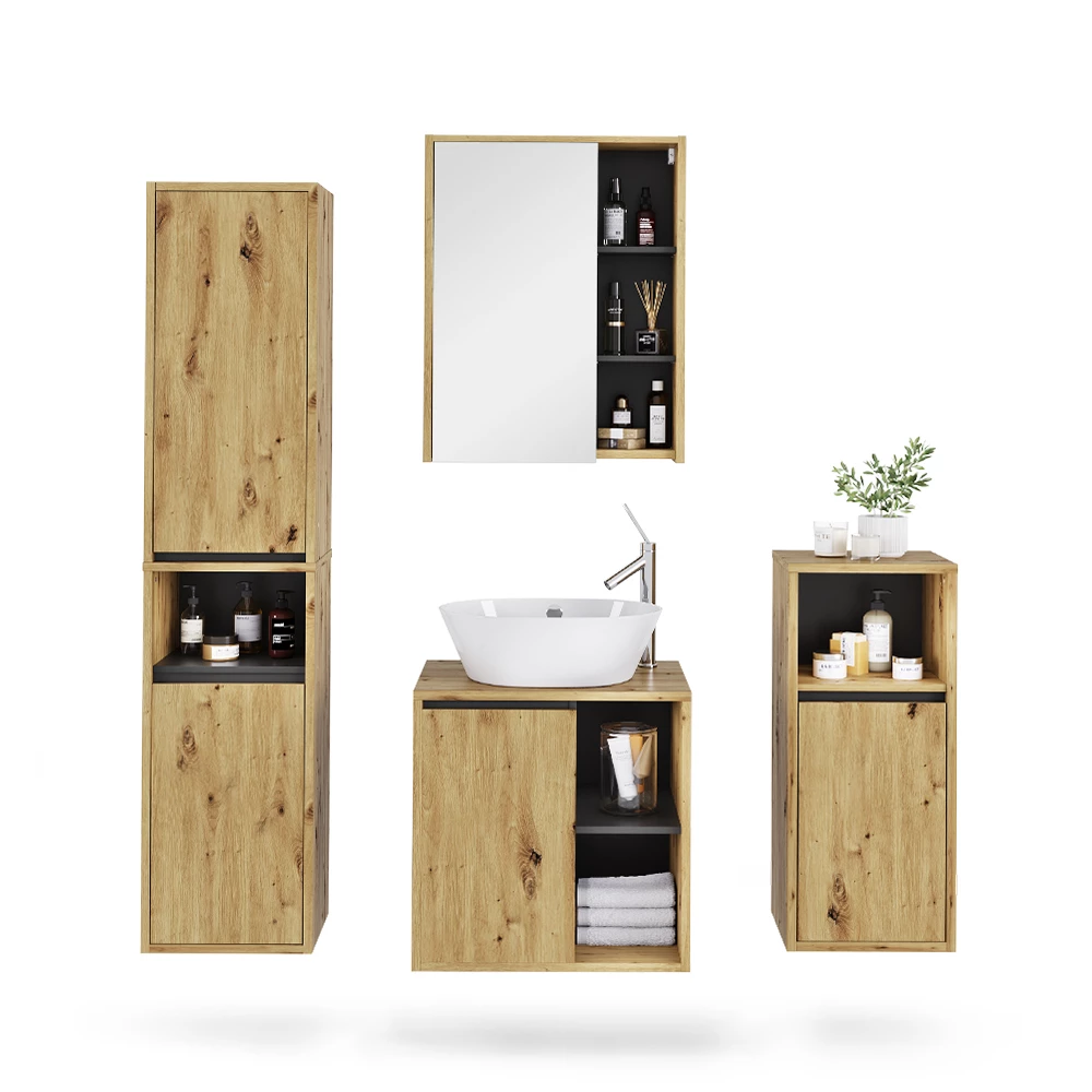 Ensemble de meubles de salle de bains en Artisan/gris sur fond blanc avec des éléments décoratifs