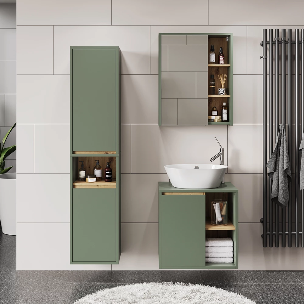 Badmöbel-Set in Grün/Artisan, dargestellt im Ambiente mit Dekoration