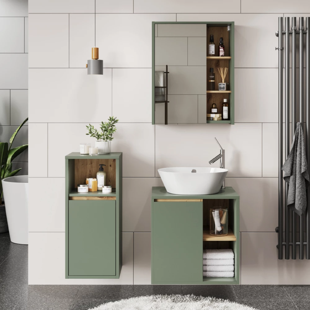 Ensemble de meubles de salle de bains en Vert/Artisan, présenté dans un décor ambiant avec décoration