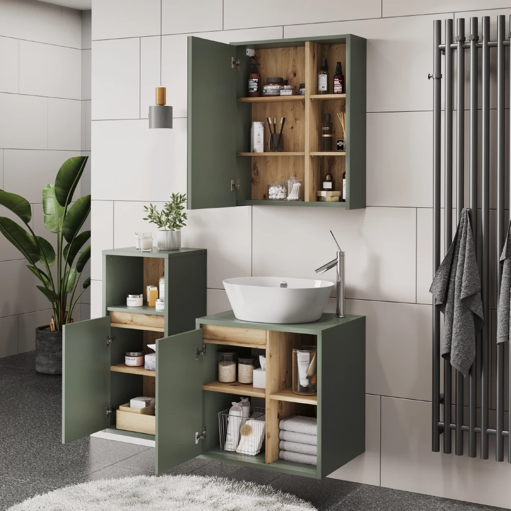 Gros plan de Ensemble de meubles de salle de bains en Vert/Artisan, montrant le design et les détails de surface