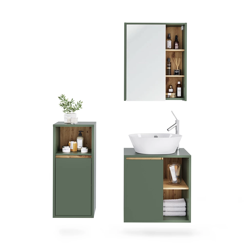 Ensemble de meubles de salle de bains en Vert/Artisan sur fond blanc avec des éléments décoratifs